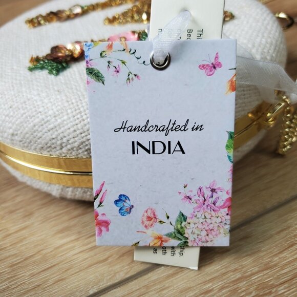 Viral Handcrafted In India Beaded Bag Monogrammed "M" Beige Round Clutch Chain - Picture 6 of 16